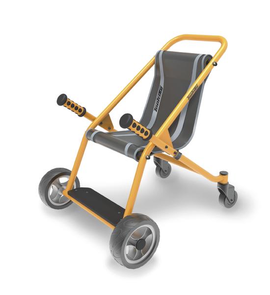 Dreirädriges Kinderfahrzeug mit orangefarbenem Rahmen und schwarzem Sitz.