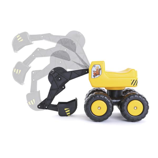 Gelber Kinder-Bagger mit beweglichem Arm und schwarzem Greifschaufel-Spielzeug.