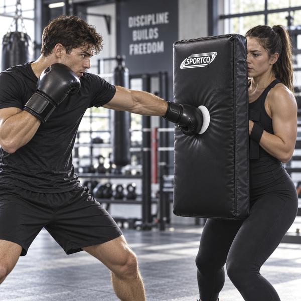 Boxer mit schwarzen Boxhandschuhen schlägt im Fitnessstudio auf ein rechteckiges schwarzes Sportco Schlagpolster mit weißem Logo, das von einer Trainingspartnerin vor dem Körper gehalten wird.