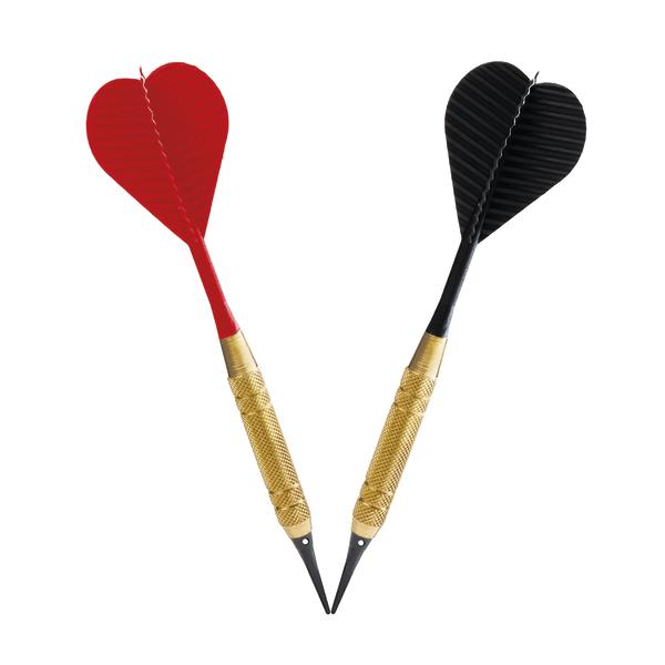 Zwei Darts mit goldenen Griffen, einer rot und einer schwarz, auf weißem Hintergrund.