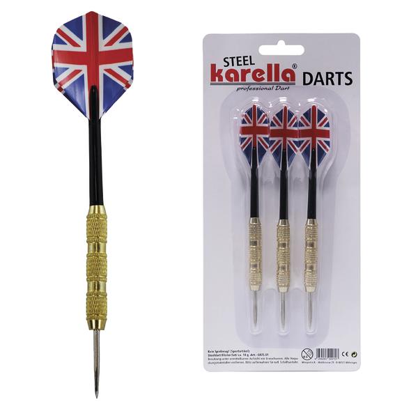 Einzelner Dartpfeil mit Union Jack Motiv auf dem Flight und goldfarbenem Schaft. Dreier-Set Steel-Darts mit Union Jack Flights in Verpackung von Karella.