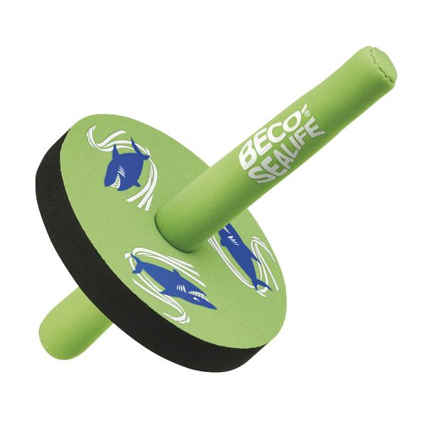 Grünes Beco Sealife Schwimmspielzeug mit Haifisch-Motiv für Kinder im Wasser.