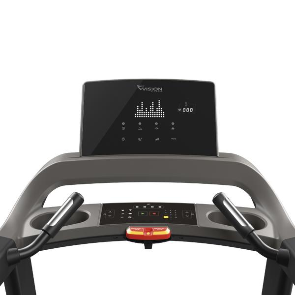 Modernes Laufband mit digitalem Display und Handgriffen für Fitness und Training.