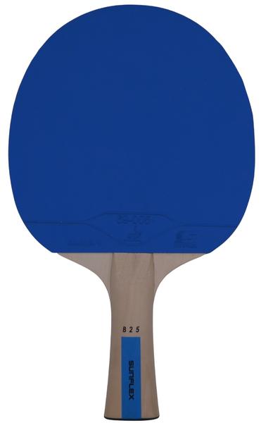 Pingpong-Schläger mit blauem Belag und Holzgriff, Modell Surflex B25.