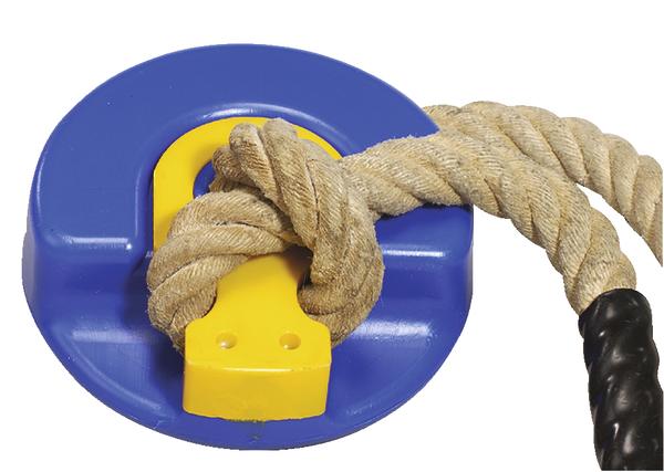 Seil mit Knoten an blau-gelbem Magnetanker für sicheres Befestigen.