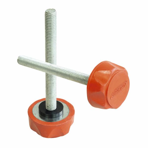 Zwei orange Schraubgriffe mit Metallgewinde für Maschinen oder Werkzeuge.