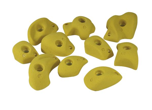 Gelbe Klettergriffe aus Kunststoff für Indoor-Kletterwände, verschiedene Formen und Größen.