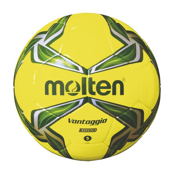 Gelber Molten Vantaggio 3800 Fußball Größe 5 mit grünem Design, Nahaufnahme.