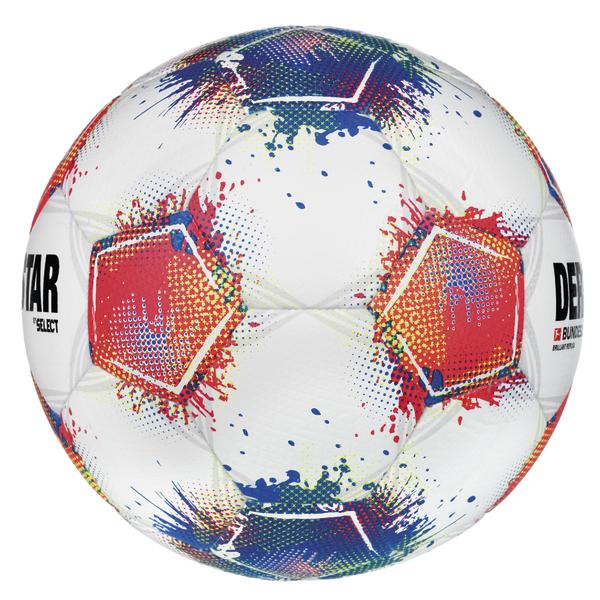 Weißer DERBYSTAR Bundesliga Brillant Replica Fußball mit rot-blauem Grafikdesign auf strukturierter Oberfläche seitliche Ansicht