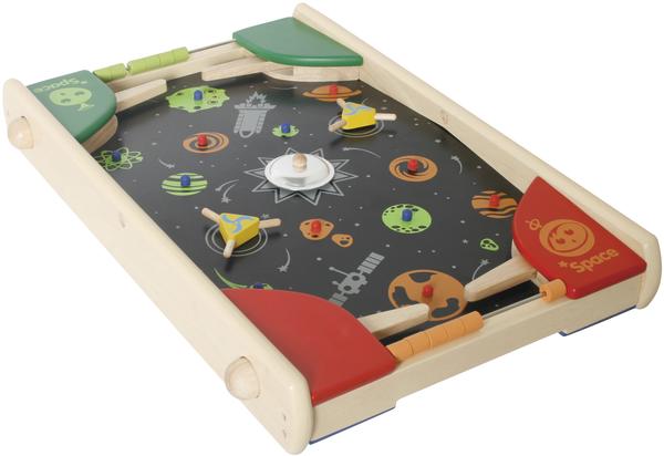 Holz Flipper-Spiel mit Weltraum-Motiv, bunten Hebeln und Kugeln, Kinderspielzeug.