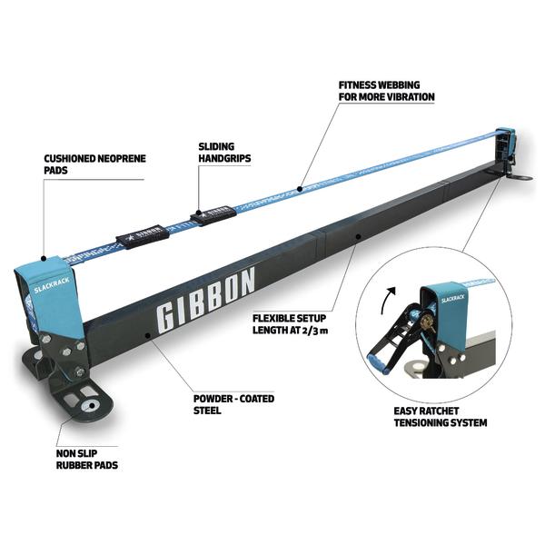Gibbon Slackrack Slackline mit gepolsterten Pads, rutschfesten Gummifüßen und Ratschen-Spannsystem.