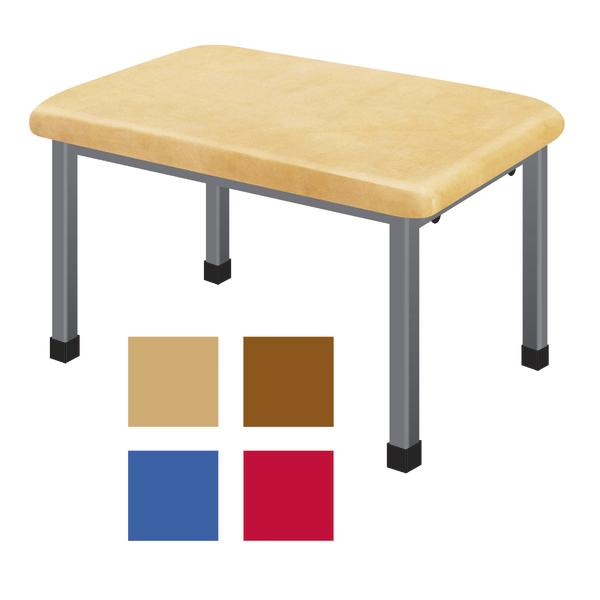 Rechteckiger Sprunghocker mit gepolsterter Oberfläche und Metallbeinen, vier Farboptionen.