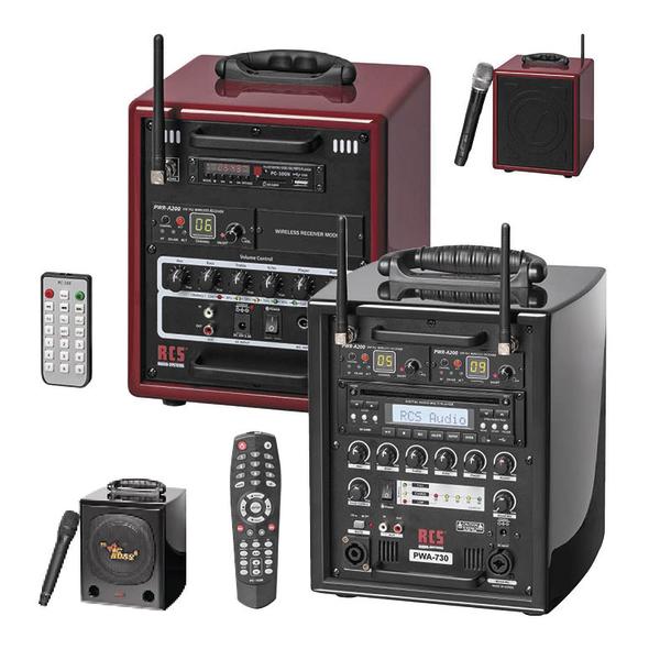 Tragbares PA-System mit Mikrofon, Lautsprecher und Fernbedienung in rot und schwarz.