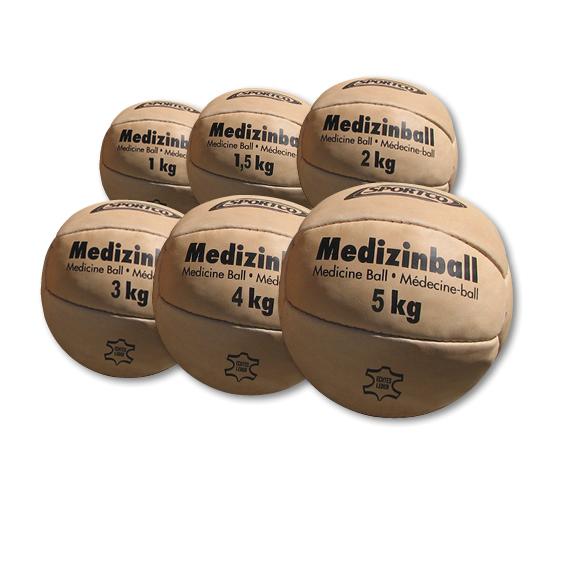 Medizinbälle aus Leder in verschiedenen Gewichten von 1 bis 5 Kilogramm, Sportgeräte.