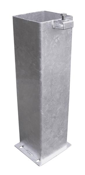 Verzinkte Bodenhülse mit Befestigungsplatte.