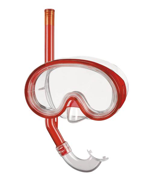 Rote Schnorchelmaske mit klarem Sichtfenster und Atemrohr für Tauchen und Schnorcheln.