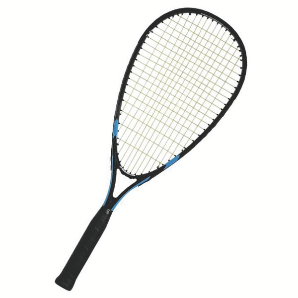 Squash-Schläger mit schwarzem Griff und blau-schwarzem Rahmen auf weißem Hintergrund.