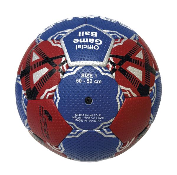 Rot-blauer Samba Handball „Official Game Ball“, Größe 1 (50–52 cm), mit strukturierter Oberfläche sowie schwarzen und silbernen Designelementen.