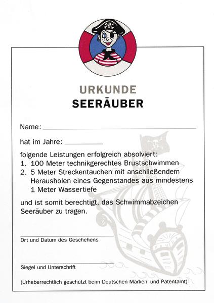 Urkunde für das Schwimmabzeichen "Seeräuber" mit Anforderungen und Platz für Name und Unterschrift.