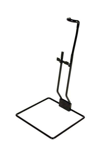 Schwarzer Metallständer für 20 Zoll Einrad mit quadratischer Basis und gebogenem Haltegriff.