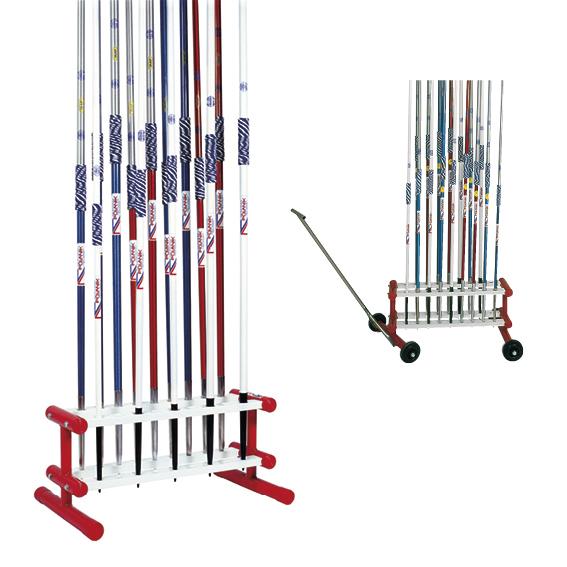 Hochwertiger Speerständer mit mehreren Speeren in Rot, Weiß und Blau.