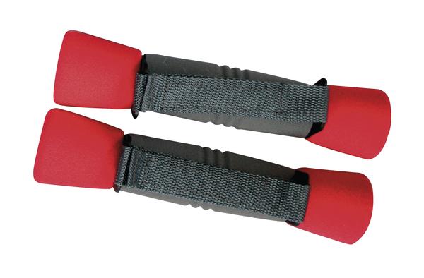 Rote Handgelenkgewichte mit schwarzem Klettverschluss für Fitness und Training.