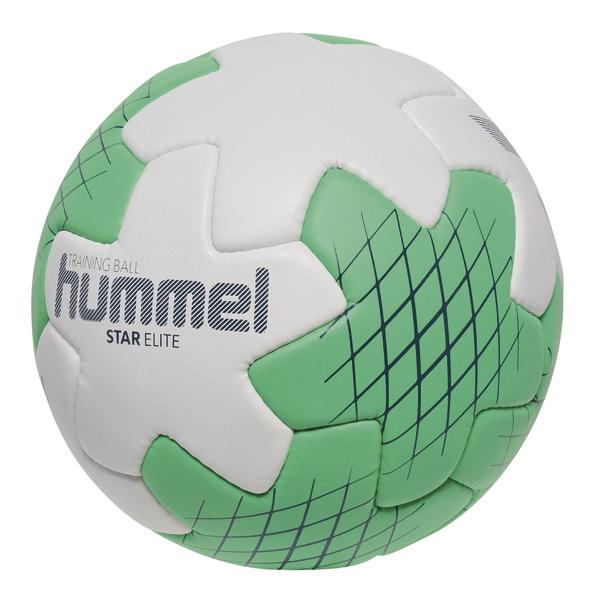 Weiß-grüner Hummel Handball mit blauem Streifenmuster, ideal für Handballspiele und Training.