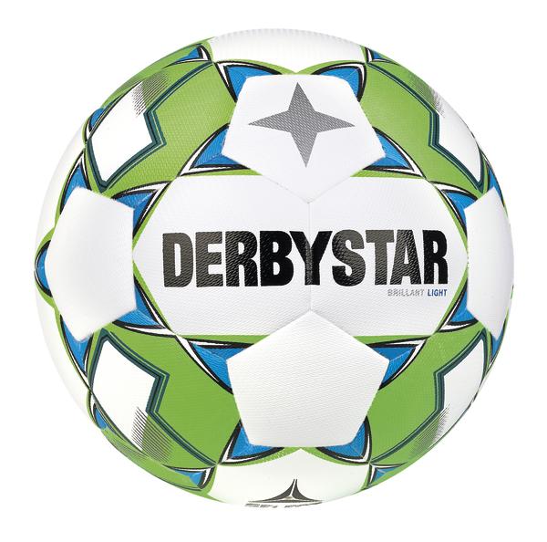 Weiß-grüner Derbystar Fußball mit blauem Sternmuster, Nahaufnahme auf weißem Hintergrund.