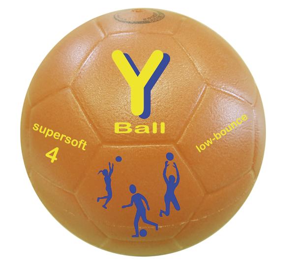 Oranger Y-Ball Supersoft Spielball mit niedrigem Absprung und Sportler-Silhouetten.