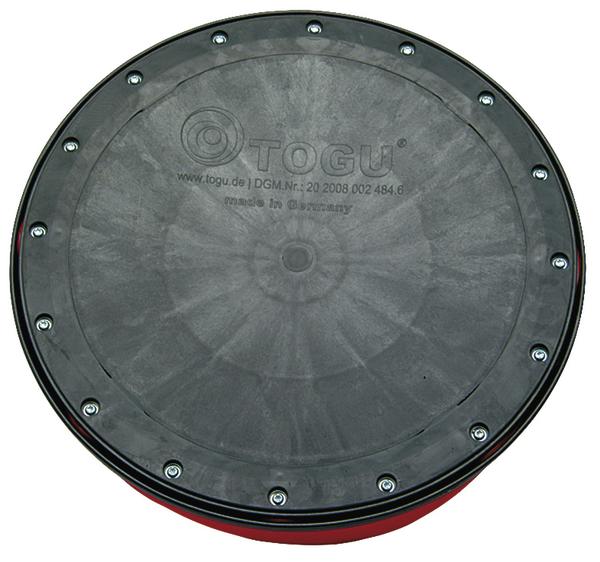 Rotes TOGU Balance-Board mit schwarzer runder Oberfläche und Schraubenrand, Fitnessgerät.