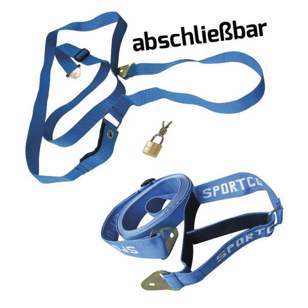 Abschließbare blaue Spanngurte mit Vorhängeschloss und Schlüssel für sicheren Transport.