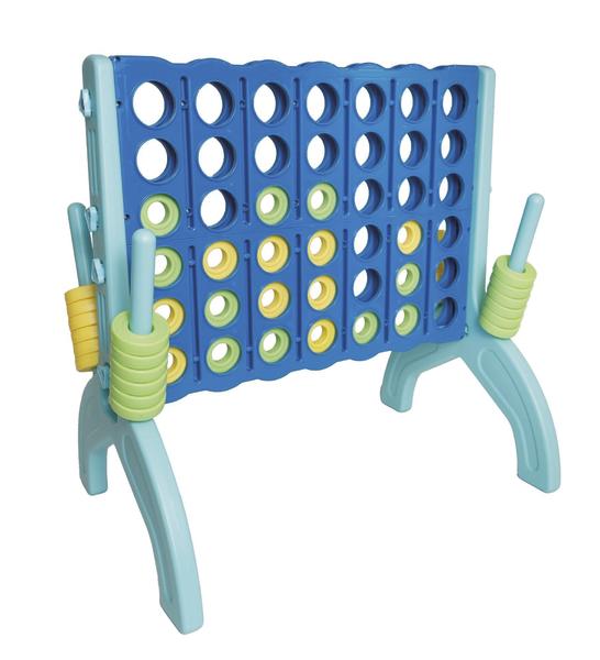 Großes Vier-gewinnt-Spiel mit blauem Steckgitter und grünen sowie gelben Spielscheiben auf Standfüßen.