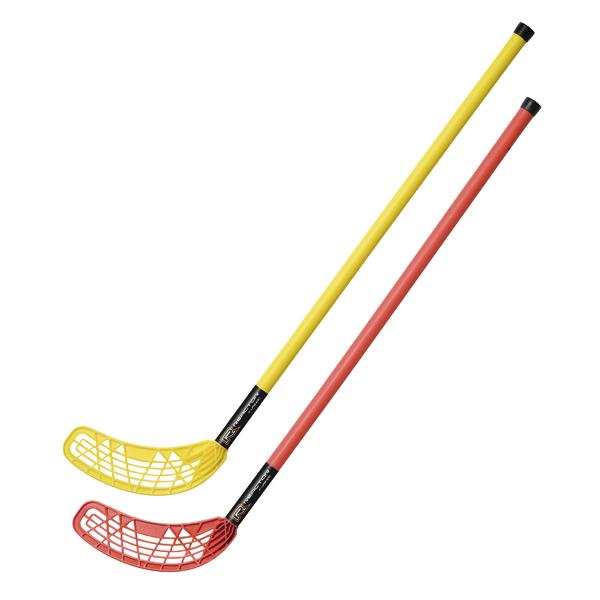 Zwei Floorball-Schläger in Gelb und Rot mit Kunststoffklingen auf weißem Hintergrund.