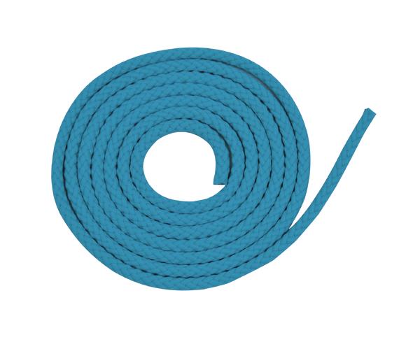 Blaues, geflochtenes Seil auf weißem Hintergrund, aufgerollt und bereit zur Verwendung.