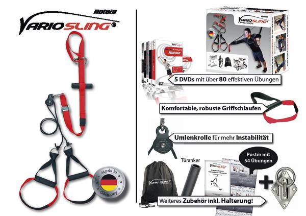 Rotes VarioSling Trainingsband mit Griffschlaufen und Umlenkrolle für Fitnessübungen.