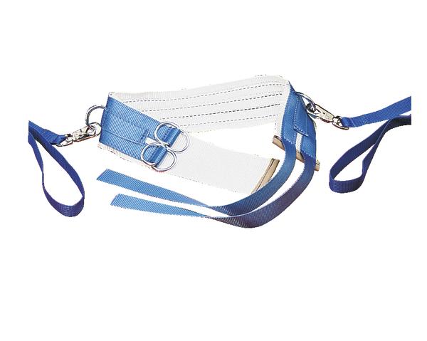 Orthopädischer Hüftgurt mit blauen Gurten und Metallverschlüssen zur Stabilisierung.