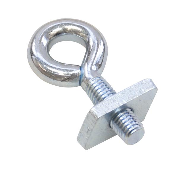 Augenschraube aus verzinktem Stahl mit Mutter und Unterlegscheibe, isolierter Hintergrund.