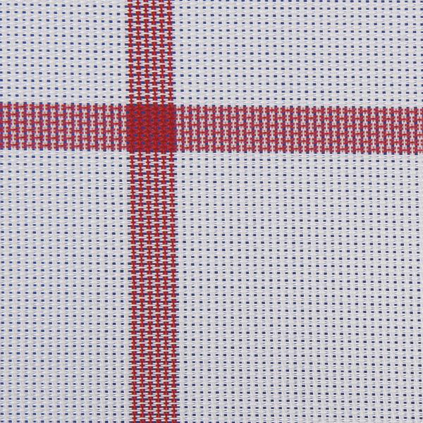 Nahaufnahme eines weißen Stoffes mit rotem und blauem Karomuster, gewebte Textur sichtbar.