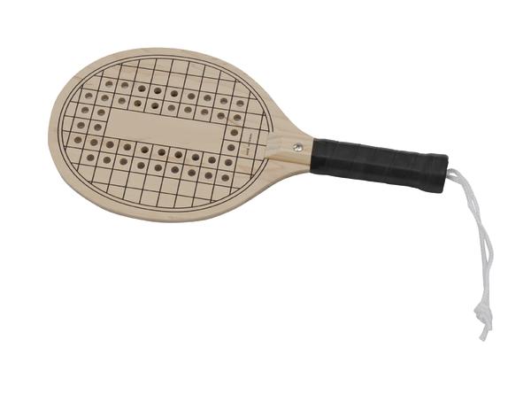 Holz-Paddleball-Schläger mit Löchern und schwarzem Griff für Strandspiele.