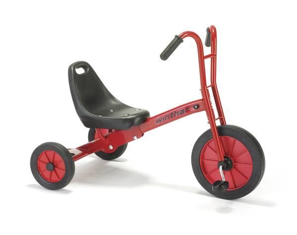 Rotes Kinder-Dreirad mit schwarzem Sitz und Kunststoffreifen, ideal für Kleinkinder.