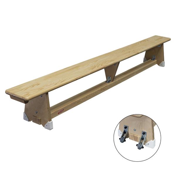 Turnbank aus Holz mit rutschfesten Füßen und Klappmechanismus, ideal für Sporthallen.