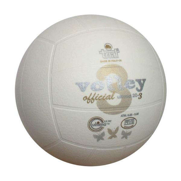 Weißer Volleyball mit Aufdruck "volley official" und Herstellerlogo, Sportgerät für Volleyballspiele.