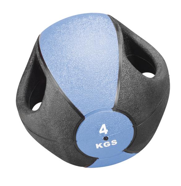 Medizinball 4 kg in Schwarz und Blau mit Griffen für Fitness und Krafttraining.