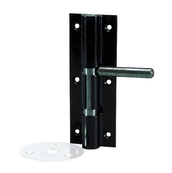 Schwarzer Türscharnier mit Hebel und Befestigungsplatte aus Metall, isolierter Hintergrund.