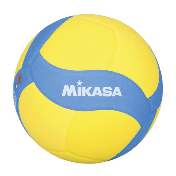 Gelb-blauer Mikasa Volleyball mit Markenlogo, ideal für Indoor- und Outdoor-Spiele.