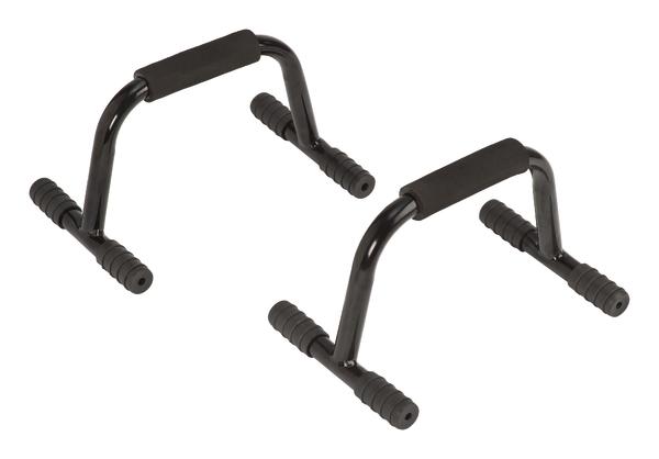 Schwarze Push-up Griffe aus Metall mit Schaumstoffgriff für Liegestütze und Oberkörpertraining.