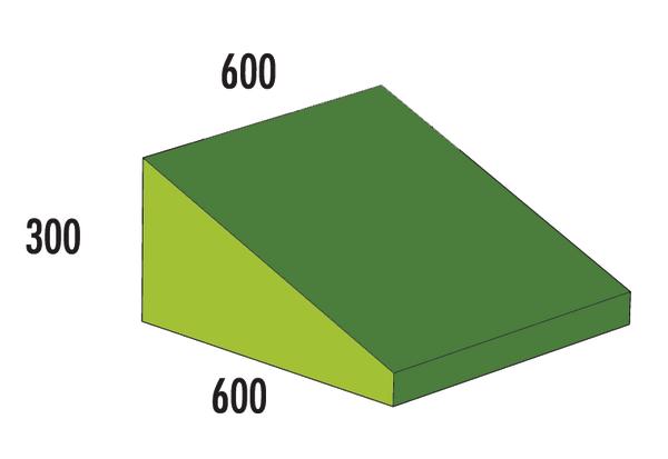 Keilförmiges 3D-Objekt mit den Maßen 600x600x300, grün und hellgrün dargestellt.