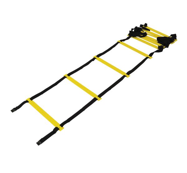 Agility-Leiter mit gelben Sprossen und schwarzen Gurten für Schnelligkeitstraining.