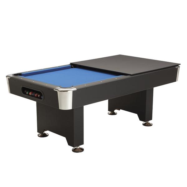 Schwarzer Billardtisch mit teilweise abgenommener Abdeckplatte und blauem Spielfeld.