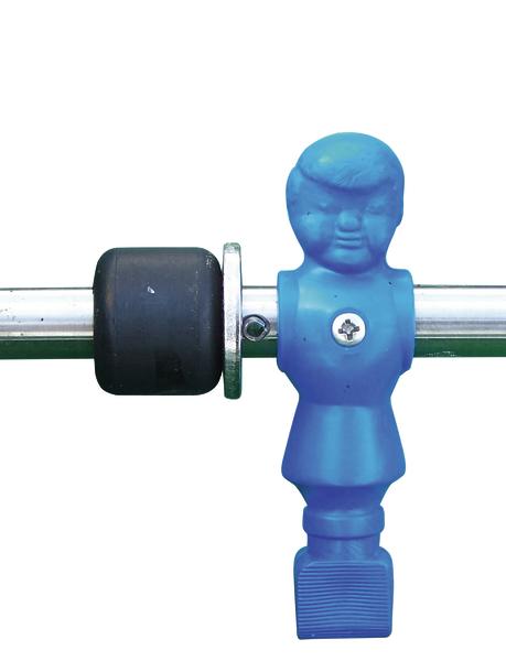 Blauer Tischfußball-Spieler aus Kunststoff an Metallstange mit schwarzem Griff.